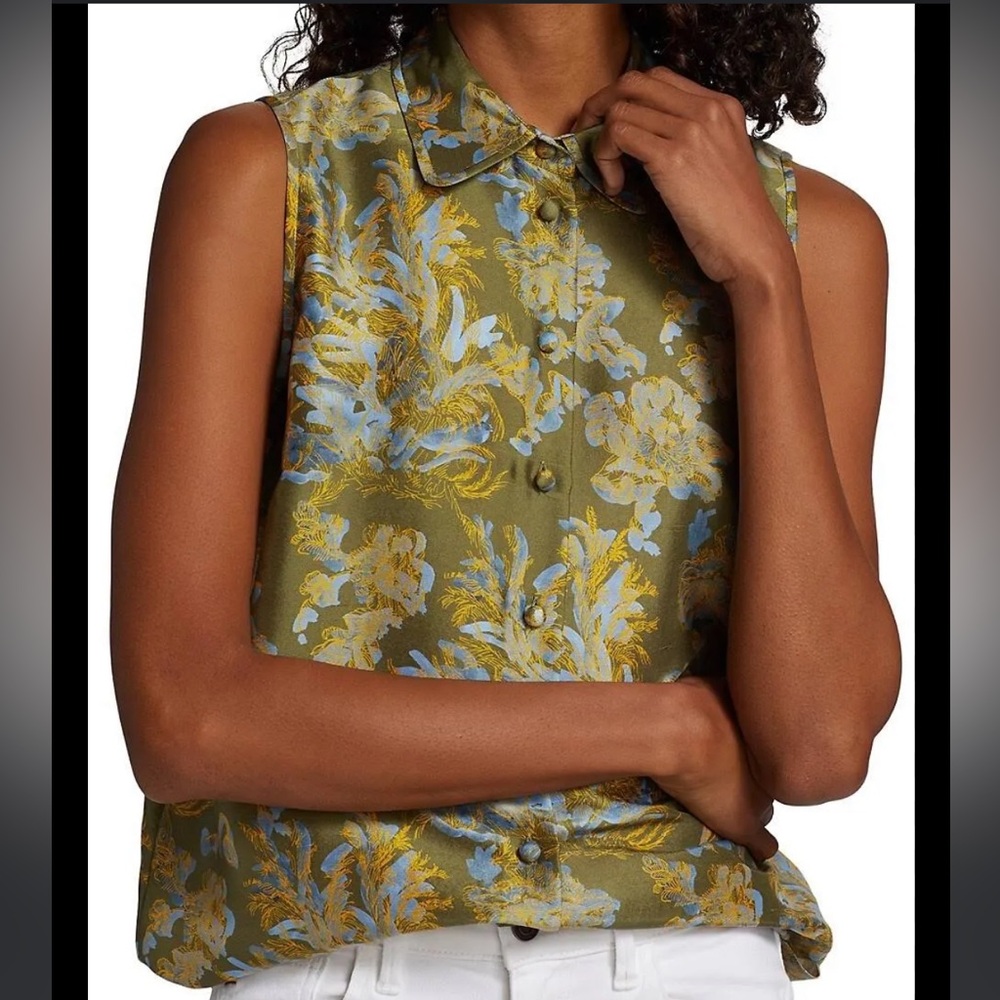 LAFAYETTE 148 Floral Frost Toile 100% Silk Sleeveless Blouse Green Size Large